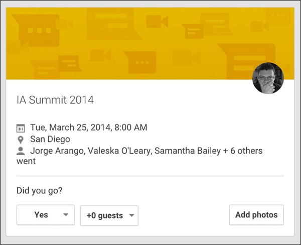 Google+ asks attendees after an event if they attended and gives them a way to attach photos to the event information.