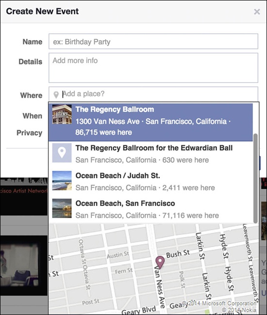 Location selection on Facebook event creation form.