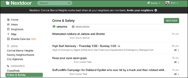 NextDoor presents news and other content in a private network based on a user’s neighborhood ().