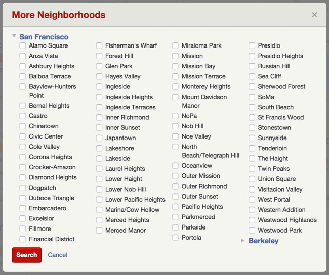 With Yelp, users can select a specific neighborhood or multiple neighborhoods when searching for an establishment.