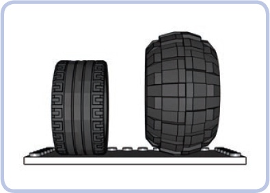 A tire with a flat profile and small tread (left) has better contact with a flat surface than a tire with a round profile and large tread (right).