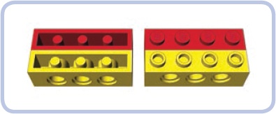 Side-by-side comparison of a regular LEGO brick (red) and a LEGO Technic brick (yellow)