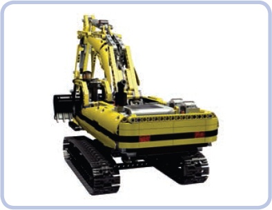 The 8043 Motorized Excavator set has a realistic silhouette created with studless panels, but it also uses studfull ones, mainly tiles and curved slopes, to model its rear end.