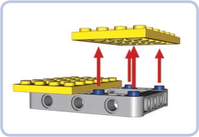 When half pins are inserted into pin holes, their tops work just like studs. Bricks or plates can be firmly attached to them, and we can select their exact alignment by carefully choosing the positions of our half pins.