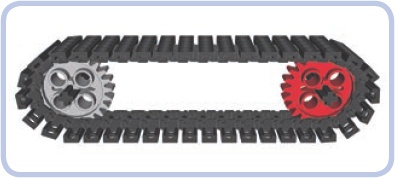 A track with two sprocket wheels: an idle one (grey) and a driven one (red)