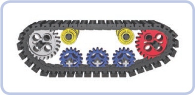 A track with two sprocket wheels, three road wheels, and two return rollers