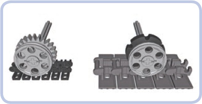 The diameter of a wedge belt wheel matches the diameter of a 24-tooth gear meshed with the central protrusion of the older track (left) or the diameter of a smaller sprocket wheel meshed with the central protrusion of the newer track (right). Thus, the wedge belt wheels can be used to conceal the real road wheels and improve aesthetics.