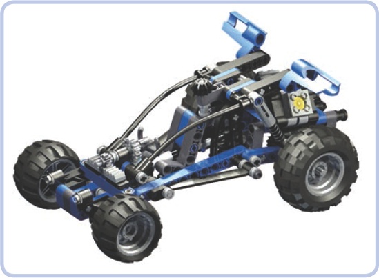 LEGO 8296 set features a simple dune buggy with a typical pipebuilt body.