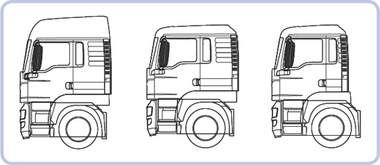 Three cabin variants of the same European MAN TGS truck (from left to right): with tall airfoil and resting space, with low airfoil and resting space, with low airfoil and no resting space