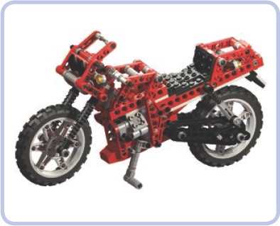 The LEGO 8422 set features a typical motorcycle with a suspension system and a piston engine connected to the real wheel. Note that even though the model uses one of the largest LEGO wheels in existence, it’s still rather small.