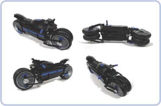 The Dodge Tomahawk concept motorcycle comes with double front and rear wheels, thus providing four fulcrums rather than two. I built a motorized model of this bike to prove that it could be motorized and drive stably; however, it couldn’t turn because it was too small to house a steering system and a propulsion system at the same time.