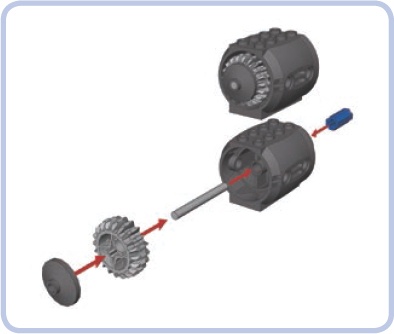 One of many ways to build a small mock-up of a turbine engine with just a few LEGO pieces. The axle joiner (blue) allows us to connect the central bar to a regular axle and thus motorize the “turbine.”