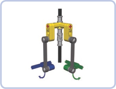 A mechanism for tilting a rotor in two planes. Rotating the green axle tilts the rotor in one plane—for example, forward and backward—while rotating the blue axle tilts the rotor in another plane—for example, left and right. Thanks to the use of links and towballs, both angles of the rotor can be changed simultaneously without interference.