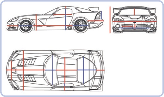 A Dodge Viper’s blueprint with three views. Colored lines mark various dimensions that can be easily measured.