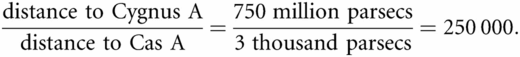 distance to Cygnus Adistance to Cas A=750 million parsecs3 thousand parsecs=250000.