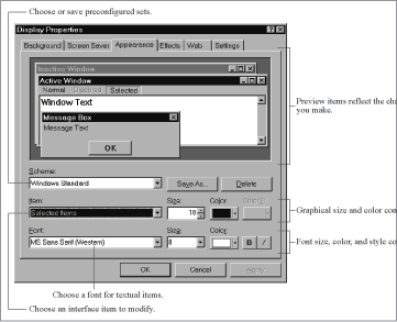 The Display control panel’s Appearance tab