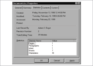 Properties dialog box for Word document