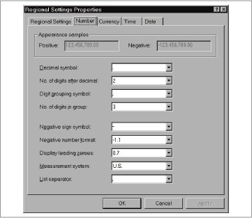 Regional Settings control panel’s Numbers tab