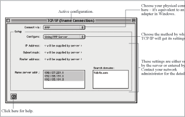 TCP/IP control panel set to connect via PPP