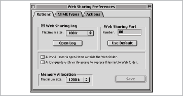 Web Sharing Preferences window