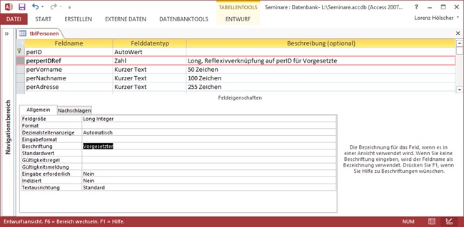 Der Entwurf der Tabelle tblPersonen mit geänderter Beschriftungs-Eigenschaft