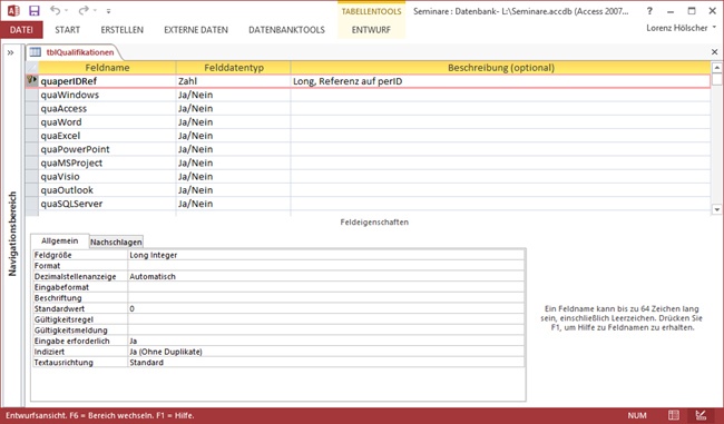Der Entwurf der Tabelle tblQualifikationen