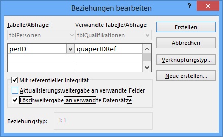 Das Dialogfeld Beziehungen bearbeiten für eine 1:1-Beziehung