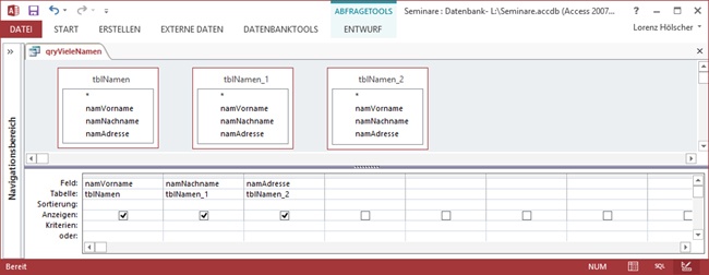 Der Entwurf der Auswahlabfrage qryVieleNamen