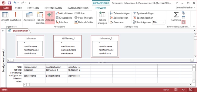 Die Auswahlabfrage wurde zur Anfügeabfrage qryVieleNamen geändert