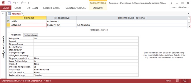 Der Entwurf der Tabelle tblUrteile