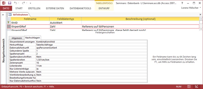 Die Eigenschaften für das Nachschlagefeld tlnperIDRef