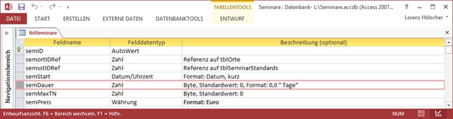 Die (verkürzte) Entwurfsansicht der Tabelle tblSeminare