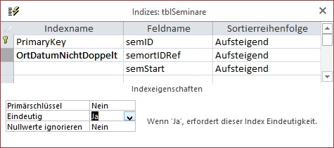 Der neue Index in der Tabelle tblSeminare