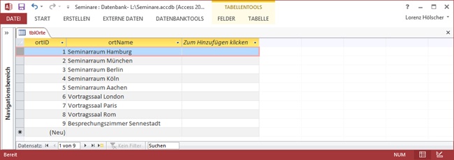 Die Datenblattansicht der Tabelle tblOrte