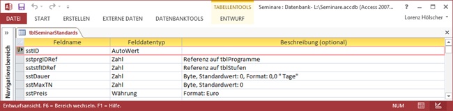 Der (verkürzte) Entwurf der Tabelle tblSeminarStandards