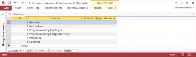 Die Datenblattansicht der Tabelle tblStufen