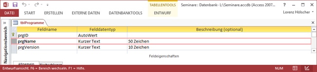 Der (verkürzte) Entwurf der Tabelle tblProgramme