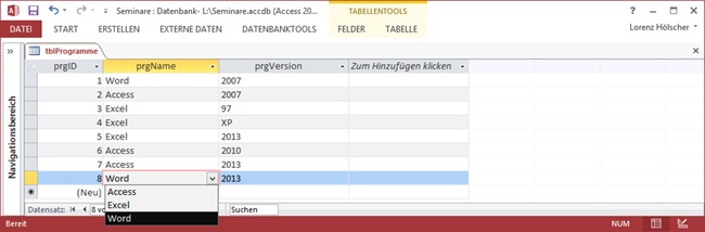 Die Auswahl des Kombinationsfelds für prgName