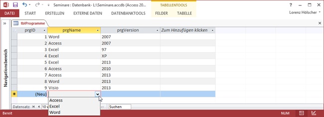 Das Kombinationsfeld für prgName ist noch nicht aktualisiert