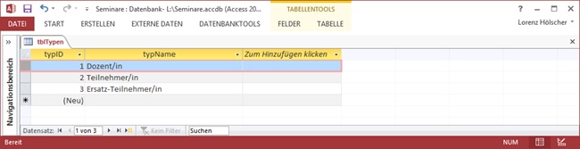 Die Datenblattansicht der Tabelle tblTypen