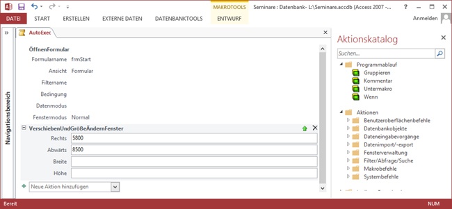 Die Aktionen im Makro AutoExec und das dadurch rechts unten positionierte Formular