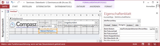 Die Zuweisung eines Untermakros an das Schaltflächenereignis Beim Klicken im Formular frmStart