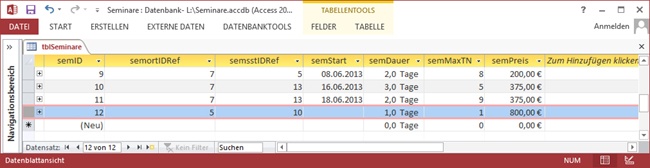 Der (markierte) neue Datensatz erhält beim Speichern automatisch die Standardwerte