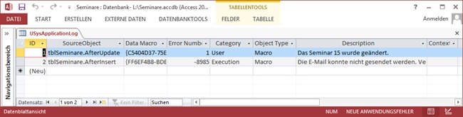 Die Meldungen der Datenmakros werden in der Tabelle USysApplicationLog gesammelt