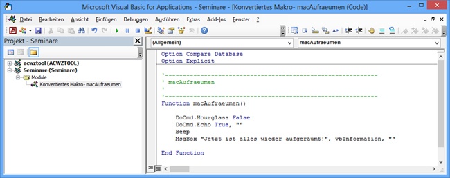 Das konvertierte Makro macAufraeumen im VBA-Editor