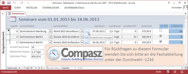 Das Formular frmSeminare mit der Schaltfläche btnSeminarStandards