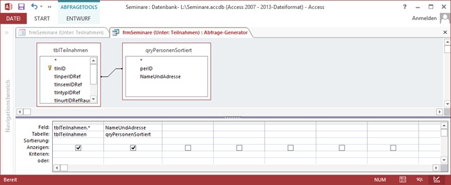 Die Entwurfsansicht der neuen Datensatzquelle für frmSeminare (Unter: Teilnahmen)