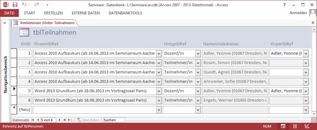 Die Formularansicht für das verbesserte Formular frmSeminare (Unter: Teilnahmen)