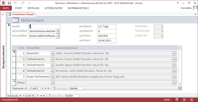 Das Formular frmSeminare mit Anzeige der jeweils teilnehmenden Personenanzahl