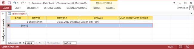 Der erste Protokolleintrag hat funktioniert